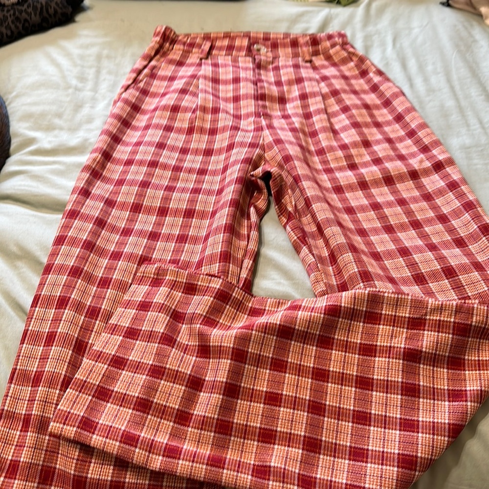 Plaid print trousers, straight leg